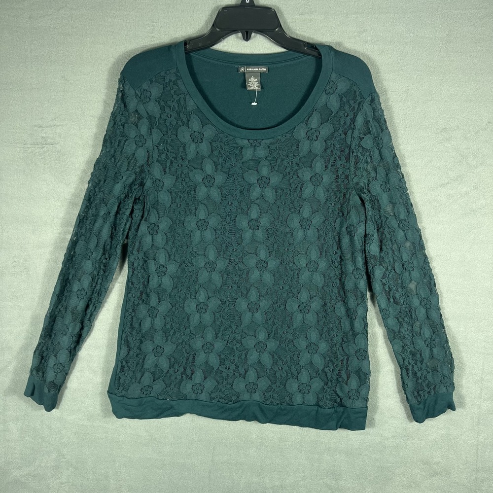Adrianna Papell Women's Dark Pine Green Lace Overlay Long Sleeve Top Size‎ L